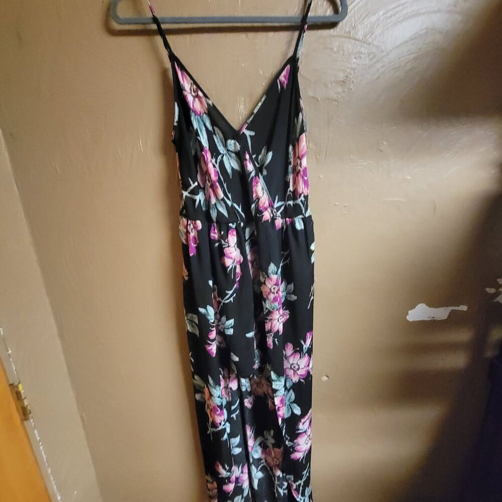 By As You Wish Black Floral Romper Size Large Spaghetti Straps #009
